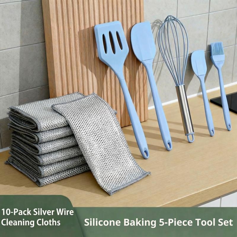 10 Counts Dishwashing Rags 30×30Multipurpose Non-Scratch Wire Dishcloths for Wet and Dry Use, Reusable Wire Cleaning Cloths for Kitchen, Sinks, and Pans Silver Removable, Washable & More Free 5-piece silicone kitchen utensil set (spatula, oil brush, etc.)