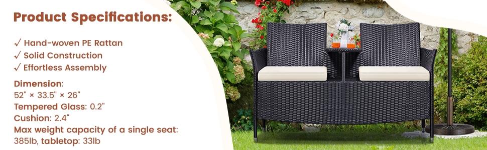 Yaheetech Patio Double Chair PE Rattan Furniture Set with Side Table for Two People Outdoor Loveseat with Removable Cushions & 1 Tempered Glass Side Table