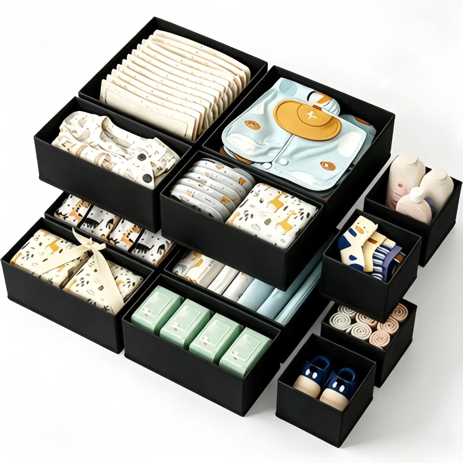 6-Piece Fabric Nursery Drawer Storage Organizer Set - Shallow Wardrobe Dividers for Clothes, Socks, Space-Saving Boxes for Home Organization