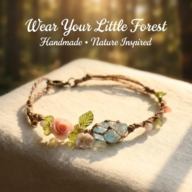 Women's Whimsical Fairycore Flower Bracelet - Artisan Handmade Woven Resin Stone Nature-Inspired Adjustable Piece with Floral Leaf Charms, Cottagecore Everyday Accessory, Birthday Gift for Women, Accessories For Women