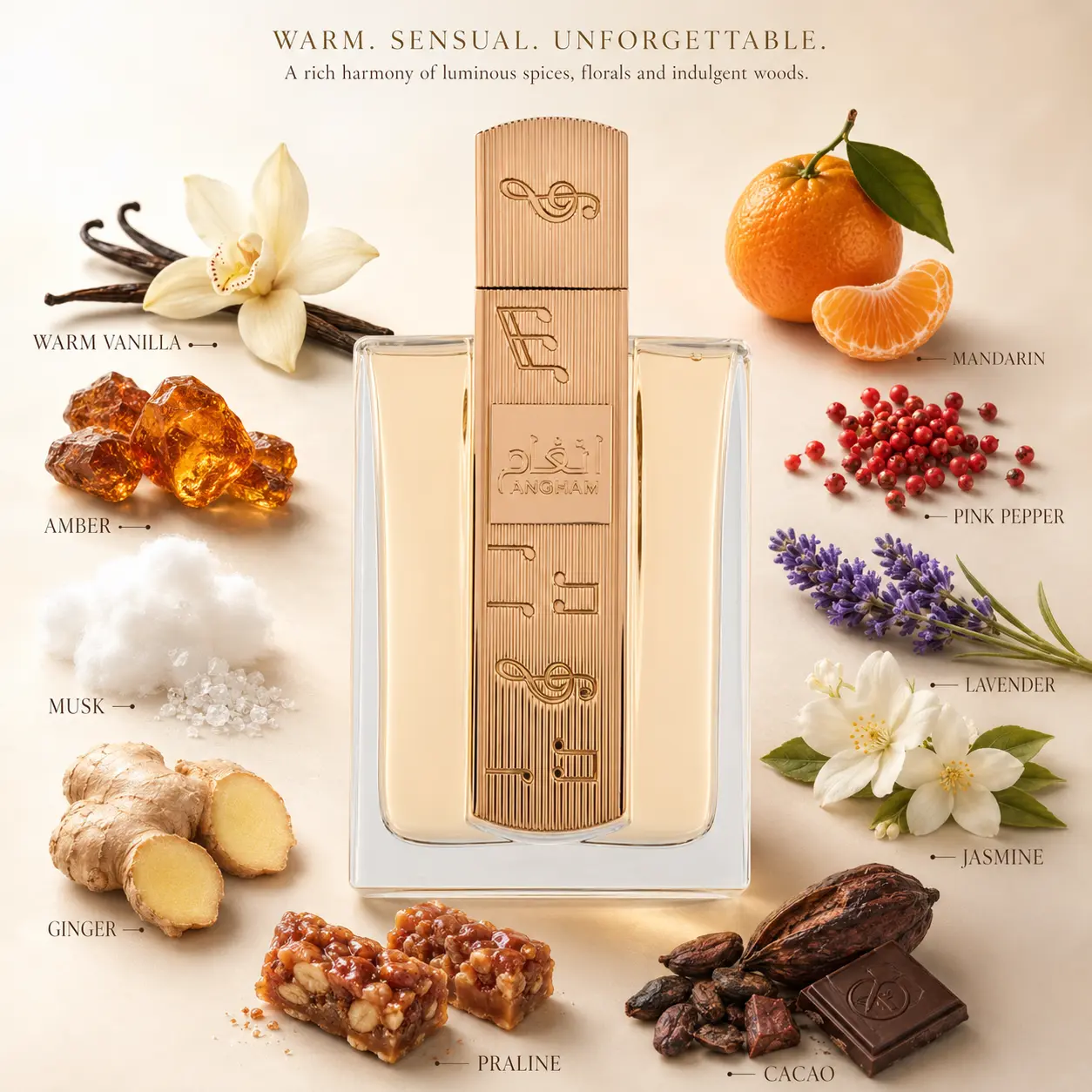 Angham Eau de Parfum for Women and Men, 3.4 Fl Oz / 100ml Unisex Vanilla Amber Musk Fragrance with Citrus Lavender and Warm Spicy Notes