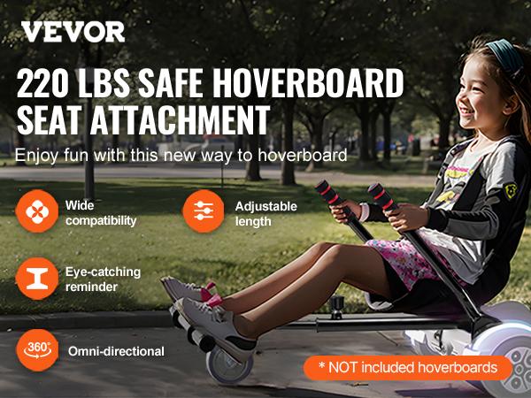 VEVOR Not with wheels Hoverboard Seat Attachment,  Compatible with All 6.5" 8" 8.5" 10" Hoverboards, Grips Control, Adjustable Frame Length and 220 LBS Load Capacity, Hover Board Go Karts Accessory, for Kids Adults