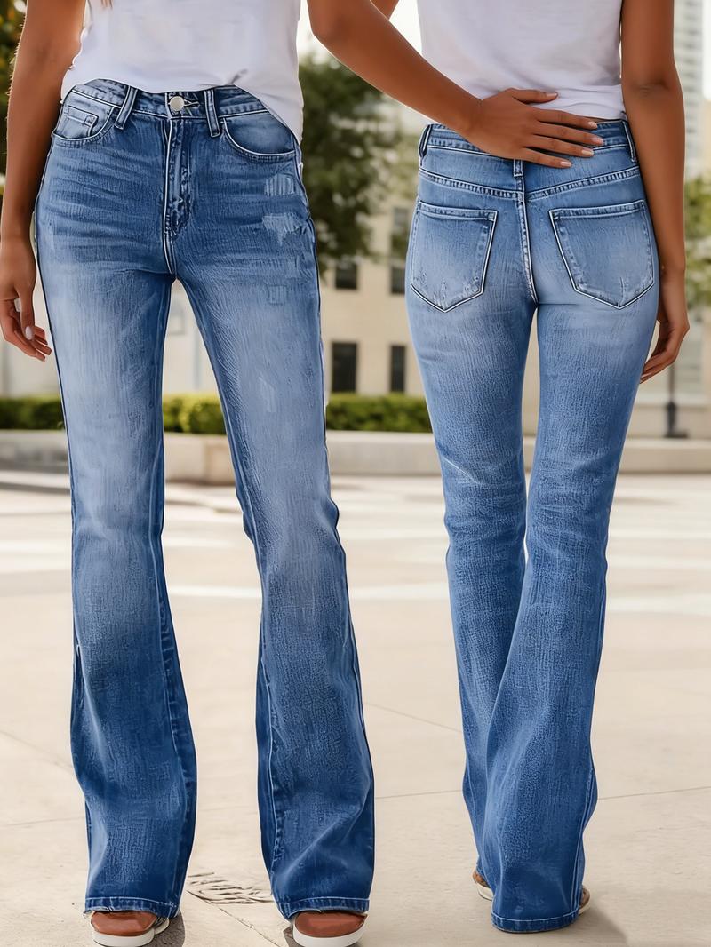 Women's Gradient Color Slim Fit Fashion Bootcut Jeans, Cat Eye Texture Washed Denim Mid Waist Stretchy Pants, Bohemian Style for All Seasons