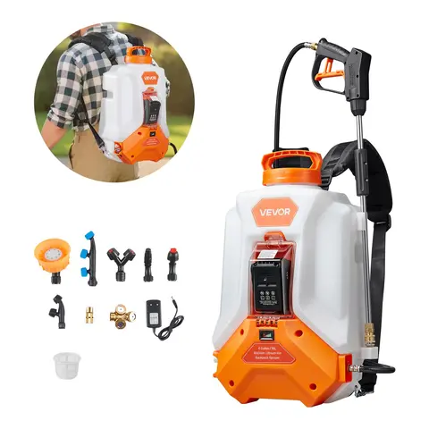 VEVOR 4 Gal Portable Battery Powered Backpack Sprayer Kit with Removable 21V 4Ah Lithium Battery, 0-90 PSI Adjustable Pressure, 4H Runtime, 2 Wands, 8 Nozzles, Pressure-Reducing Straps, 1-Hand Snap Handle for Gardening, Cleaning, Bug Repellent