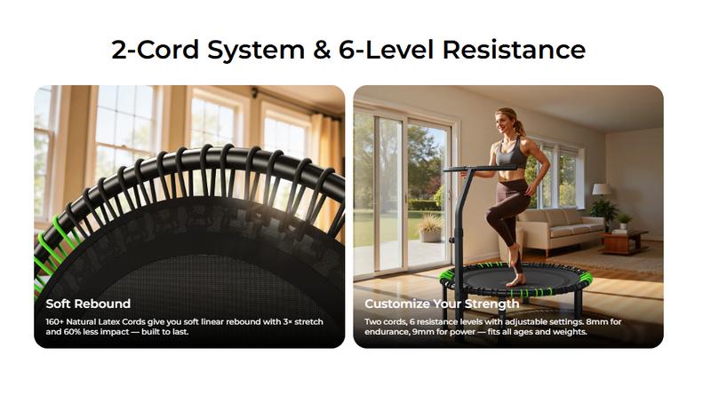 FED Fitness Bcan BT4 Soft Land Pro Adult Round Bungee Trampoline with Adjustable T-Handlebar — High Capacity Fitness Rebounder, 6 Resistance Levels & Bonus Accessories