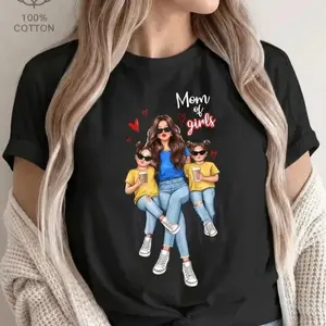 Cotton Short Sleeve T-Shirt Mom of Girls Cartoon Printed T-Shirt, Y2K Style, Short Sleeve, Crew Neck, Polyester, Mother'S Day Gift Ideal for daily errands and casual outings
