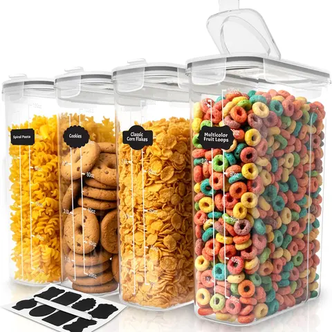 4PCS Airtight Plastic Cereal Food Storage Containers with Pour Spout Dispensers, 4L/135.2 Oz Leakproof Grain Containers, Easy Dispensing Efficient Storage Set with Labels & Marker for Kitchen Organization