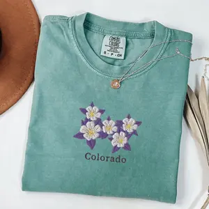 [Comfort Colors] Colorado Columbine Flower Embroidered Shirt Wildflower Nature Tee Purple Comfort Colors Vintage Floral Aesthetic Shirt