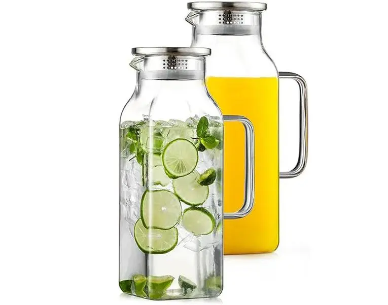 Airtight Borosilicate Glass Pitcher 2-Piece Set - 2L/68oz Square Carafes with Lids, Handles, Heat/Cold Resistance, Durable, Refrigerator-Safe Drinkware for Camping Water Storage, Airtight Beverage Pitcher, Two Piece Set