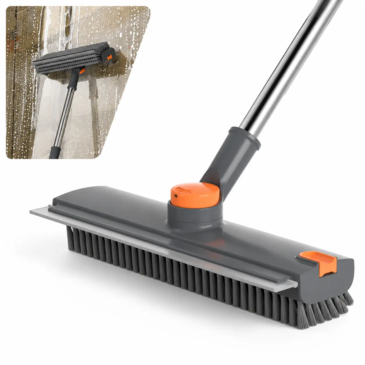 3-in-1 Functional Household Floor Cleaning Scraper Brush Broom - 90° Stiff Bristle, Stainless Steel Adjustable Long Handle, Rubber Squeegee & Tweezer, Heavy-Duty Tool for Patio, Tile Floors, Customizable Reach