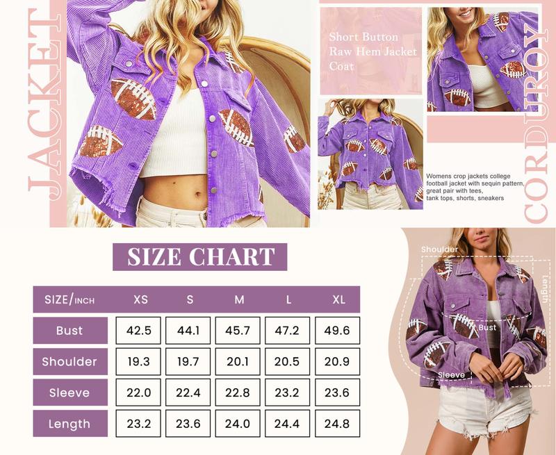 Kingapril Women's Game Day Corduroy Sequin Football Cropped Jacket Rugby Oversized Lapel Button Down Shirt Shacket Coat