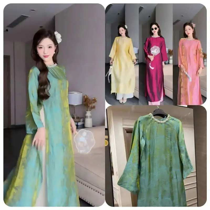 Áo Dài lụa tằm ánh vàng đính kết phần cổ- Vietnamese Tradional dress