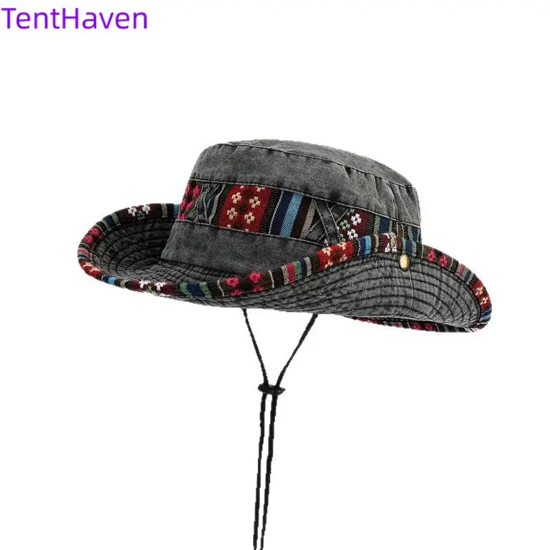 2026 Ethnic Style Cowboy Fisherman's Hat Sunshade Hat Men's and Women's Summer Outdoor Sunscreen Hat Men's Fishing Big brimmed Hat