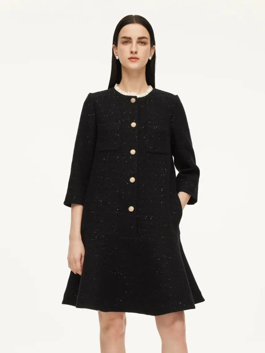 GOELIA Women's Chic Elegant Wool-Blend Sequined A-Line Mini Dress with Ruffle Hem, Pockets, Evening Fit, Sleeves