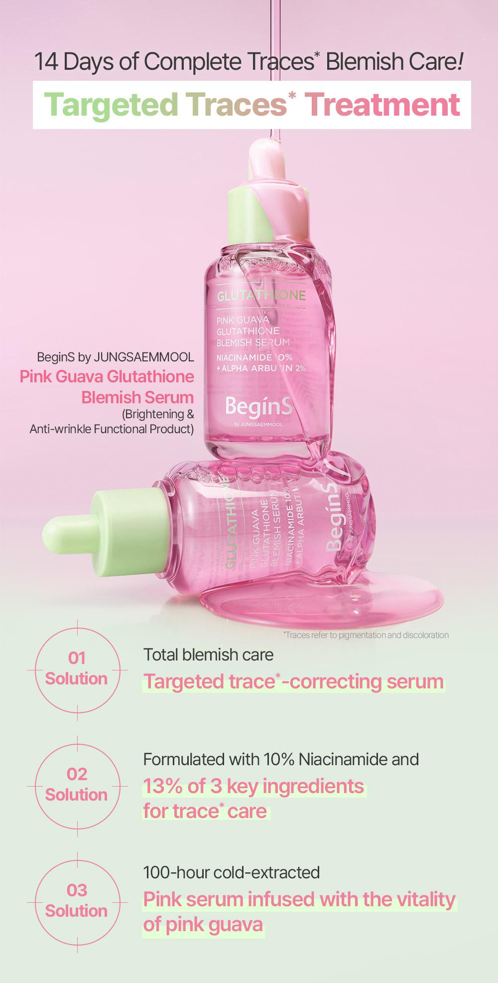 [BeginS by JUNGSAEMMOOL] Pink Guava Glutathione Blemish Serum - Korean Facial Serum with 10% Niacinamide, Vitamin C-rich Jeju Guava for Dark Spot Care, Radiant Glass Skin (1.01 Fl Oz)