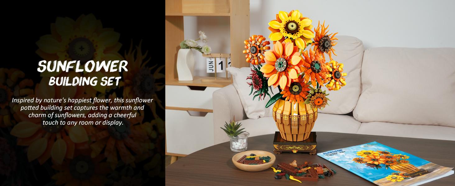 Sunflower Building Set with Lights Vase Base, Flowers Botanical Collection Building Block Home Decor, 1180PCS Art Flower Bouquet Bonsai Plant Building Kit Gift for Adults Teens Girls Boys 12+
