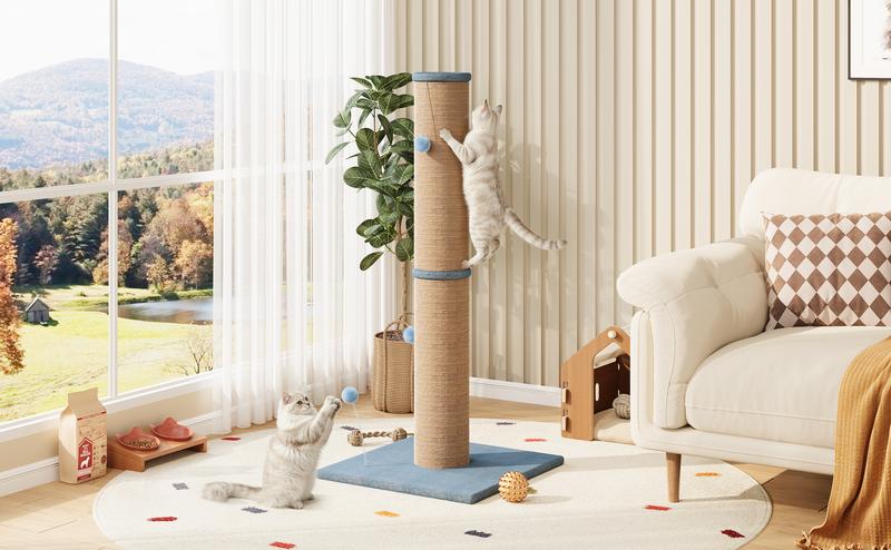 LIKIMIO 41.7"Tall Cat Scratching Post - 6.2"Diameter Sisal Scratcher with Hanging Ball, Suitable for Kittens & Adult Indoor Cats