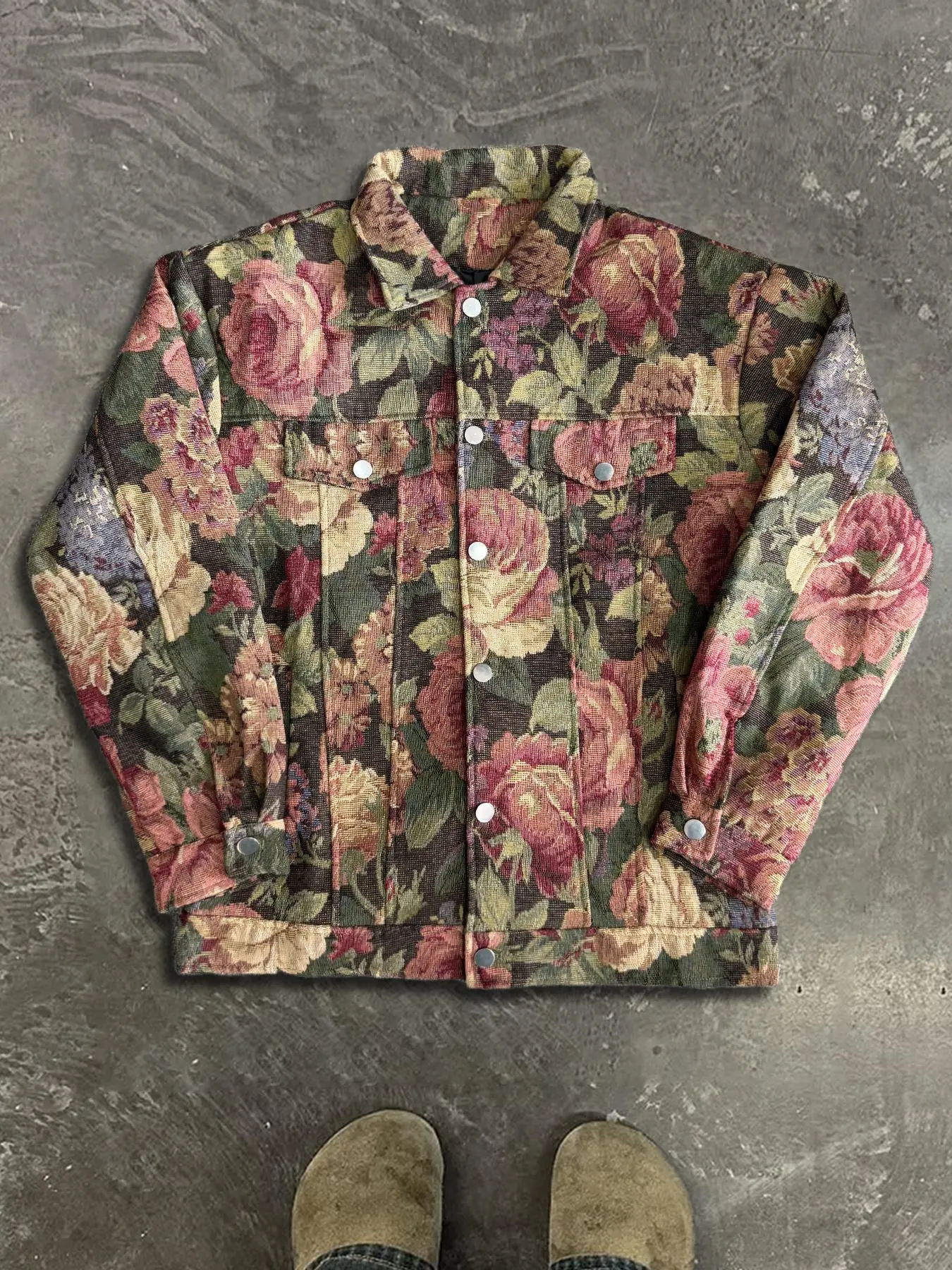 Men's Floral Print Button Front Denim Jacket, Loose Casual Retro Long Sleeve Collared Outerwear for Spring, Fashion Men's Clothes for Daily Wear, Coats, Casual Fashionable Jacket