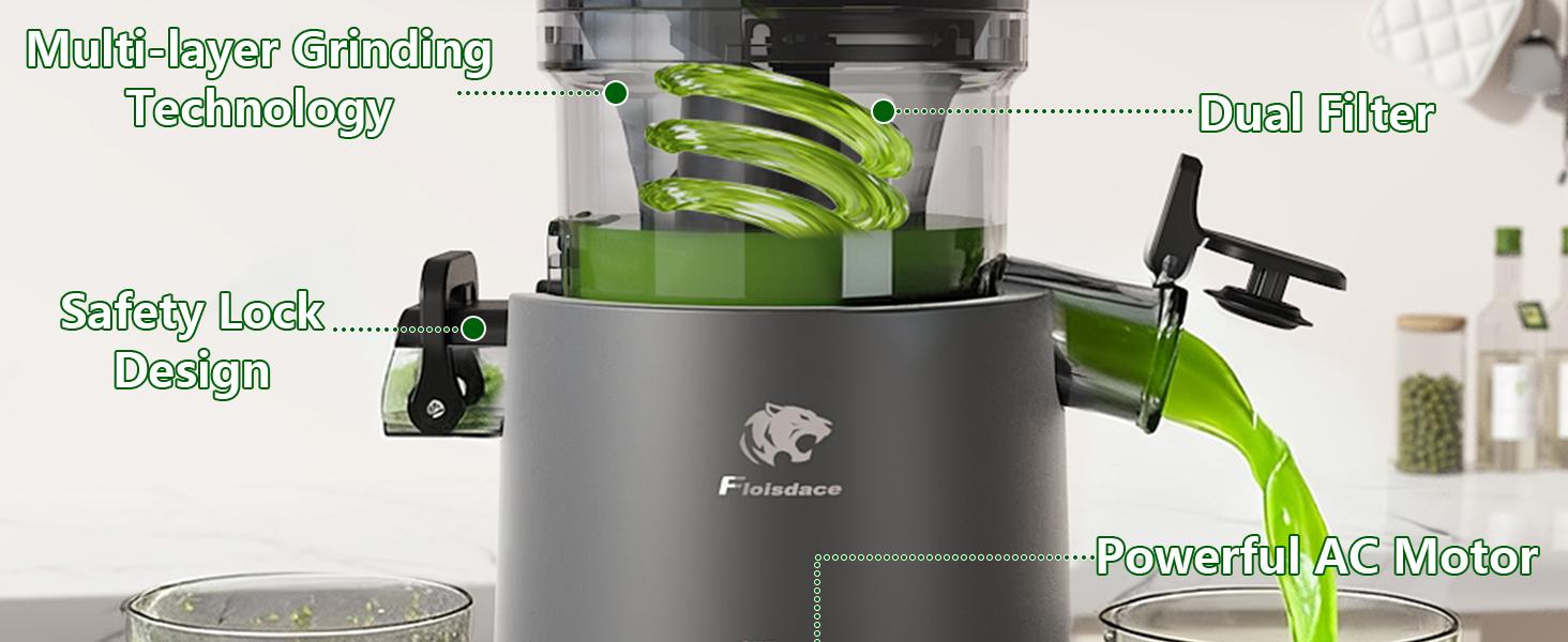 Juicer Machines, Cold Press Juicer with 5.3" Extra Large Feed Chute and Powerful AC Brushless Motor Fit Whole Fruits & Vegetable, High Juice Yield, BPA Free, Extra one Replace juicer strainer