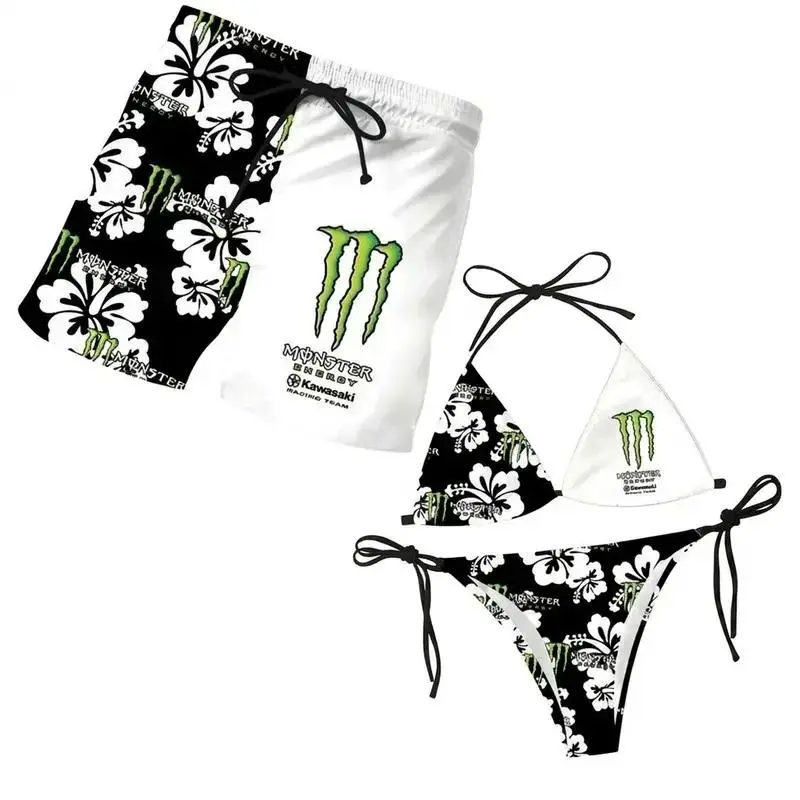 Matching Monster Energy Floral Swimsuits for Couples -Swim Bra & Tie Side String Bikini + Men's Beach Shorts, Summer Vacation Swimsuit, Aloha Beach Outfit, Casual Holiday Bathing Suits
