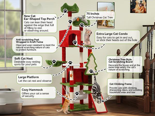 YITAHOME 54/75 Inch Green Red Cat Tree Tower for Indoor Cats, Multi-Level Cat Climbing Tower with Cat Condos, Top Perches, Hammock, Sisal Scratching Posts and Board, Kittens Play Activity Center, Decor
