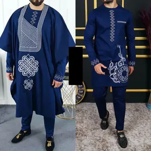 African Men's Clothing Agbada Shirt Pants Embroidered 3-Piece Set Nigerian Outfit for Wedding Groom Groomsmen Father of The Bride Graduation Prom Engagement Ceremony  Aso Ebi 