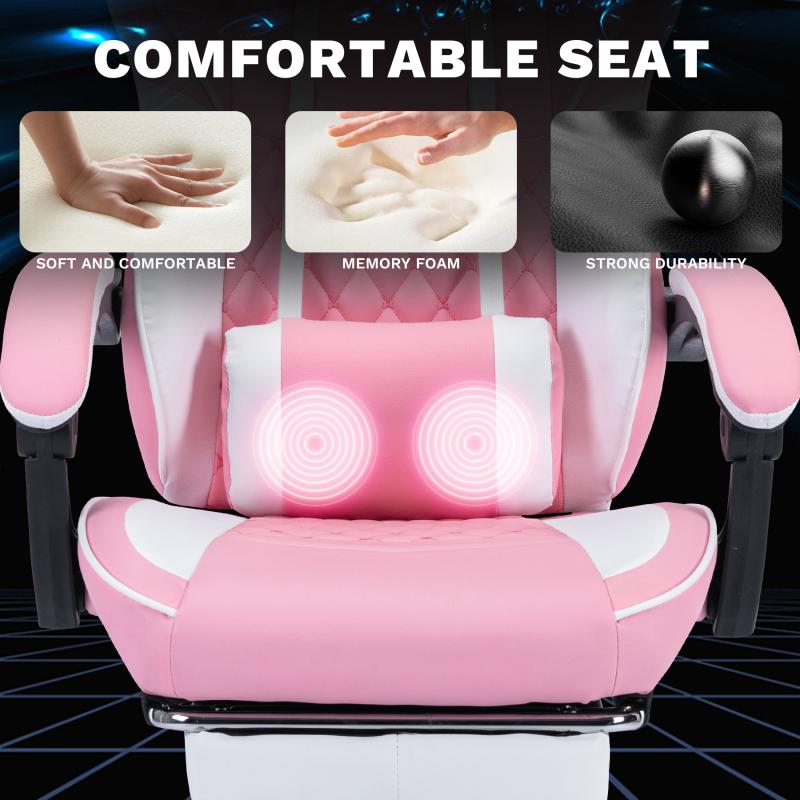 Ergonomic Video Gamer Chairs,Computer Gaming Chairs with Massage Lumbar Support and footrest,Racing Style Computer Chair Adjustable Headrest for Adults,Pink White