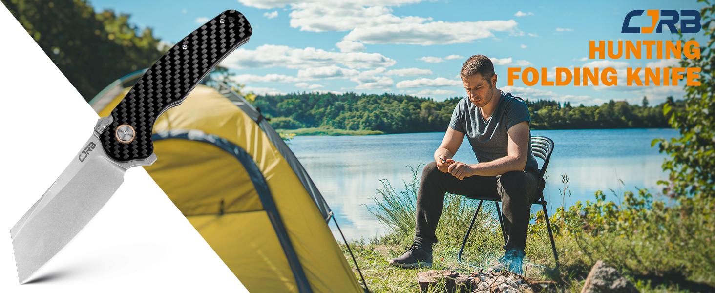 CJRB Crag Recoil-lock Tactical Tool Knife,Cleaver Pocket Folding Knife with Stonewash AR-RPM9 Steel Blade and Carbon Fiber Handle for Men Outdoor, Camping and FathersDayGift Survival Equipment Set Survival Gear