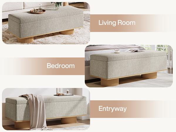LITTLE TREE 50.39" Storage Bench with Padded Seat Cushion, Upholstered Shoe Bench with Flip Up Storage for Bedroom, Living Room, Entryway, Load up to 330 lb, Beige + Wood Color