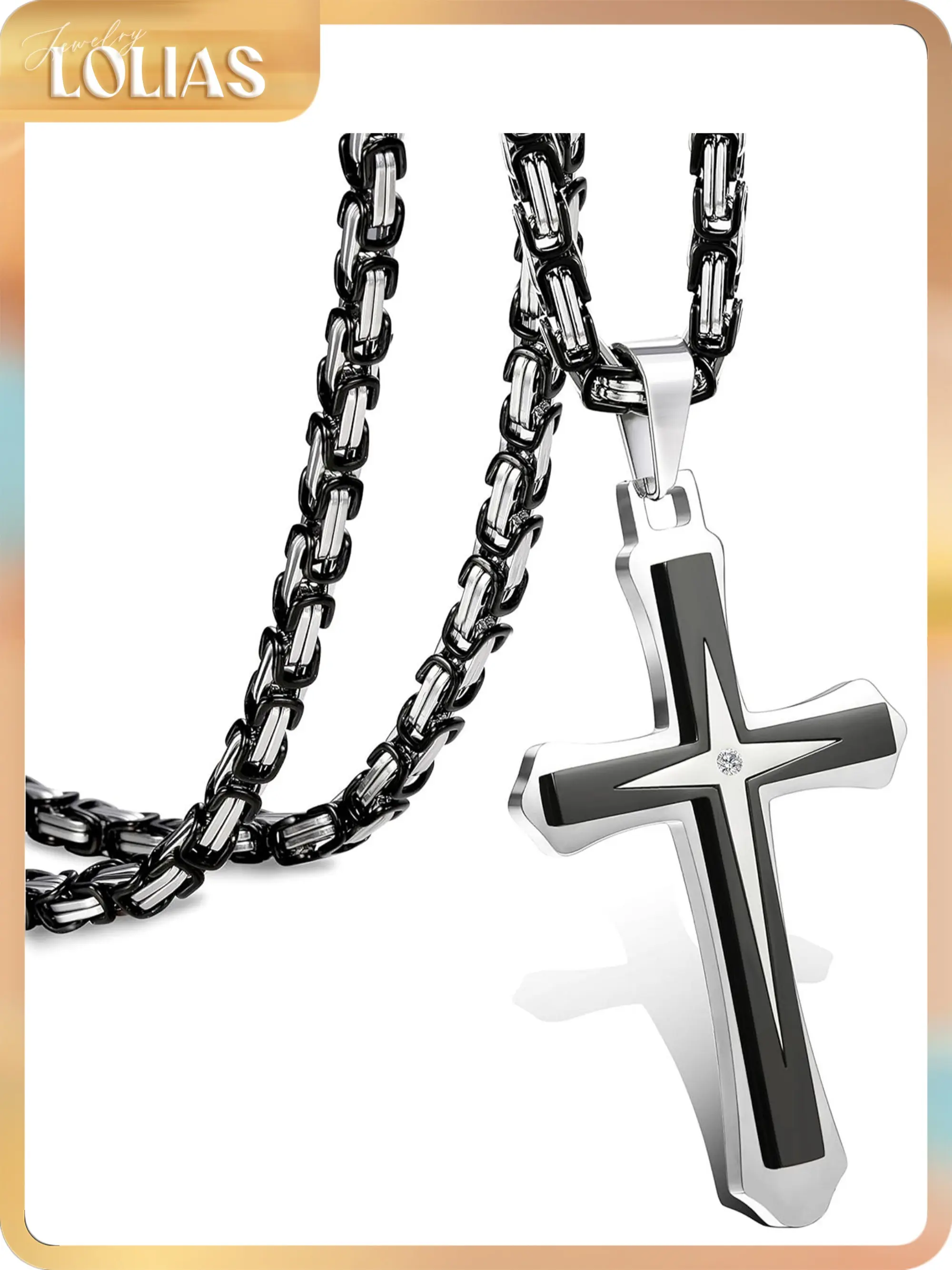 LOLIAS Black 14K Gold Plated Cross Necklace for Men Stainless Steel Byzantine Chain With Cross Pendant Necklace Mens Gift Men's Accessories 22-30Inch