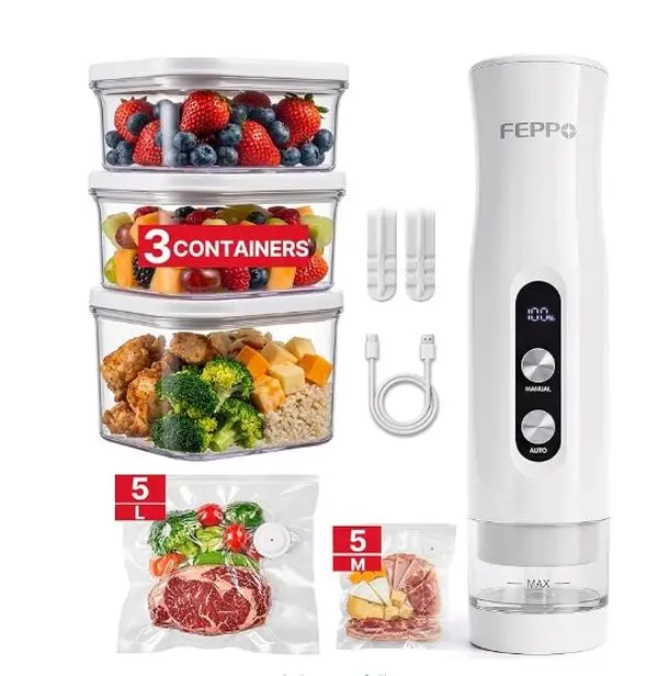 FEPPO Compact Vacuum Sealer for Food,  Anti-Overflow Handheld Vacuum Sealer Machine with 3 Containers & 10 Reusable Bags, -65kPa Powerful Suction, Auto & Manual Modes, Portable Food Vacuum Sealer for Kitchen, Travel, RV,back to school,back to school haul