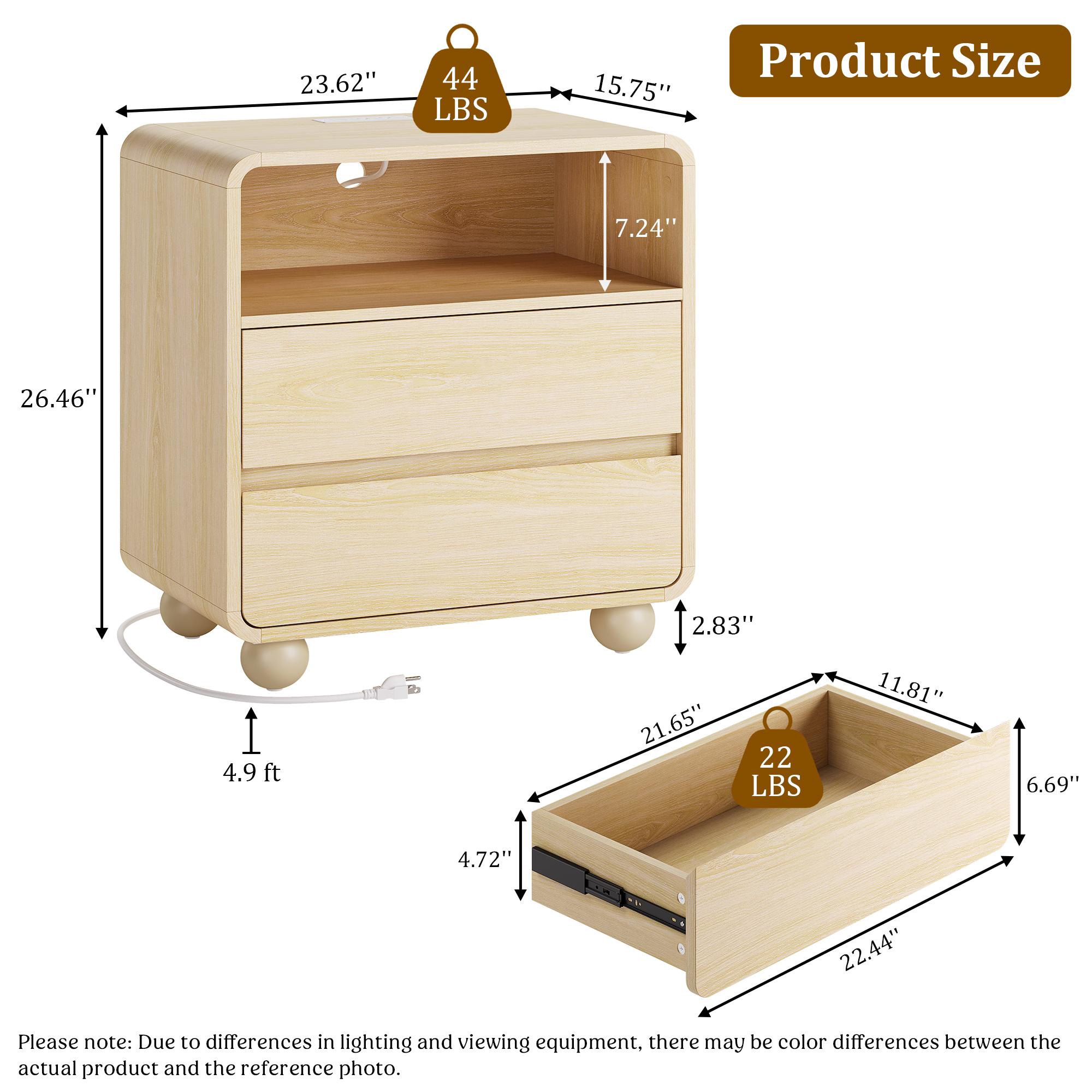 Aowos Nightstand, 23.6" Wide Large Bedside Table, Curved Wooden End Table with Charging Station, 2 Storage Drawers & Open Shelf, Bedroom Living Room, Panel End Tables for Bedroom & Living Room, Bedside Cabinet with USB Ports, Natural, Black, White