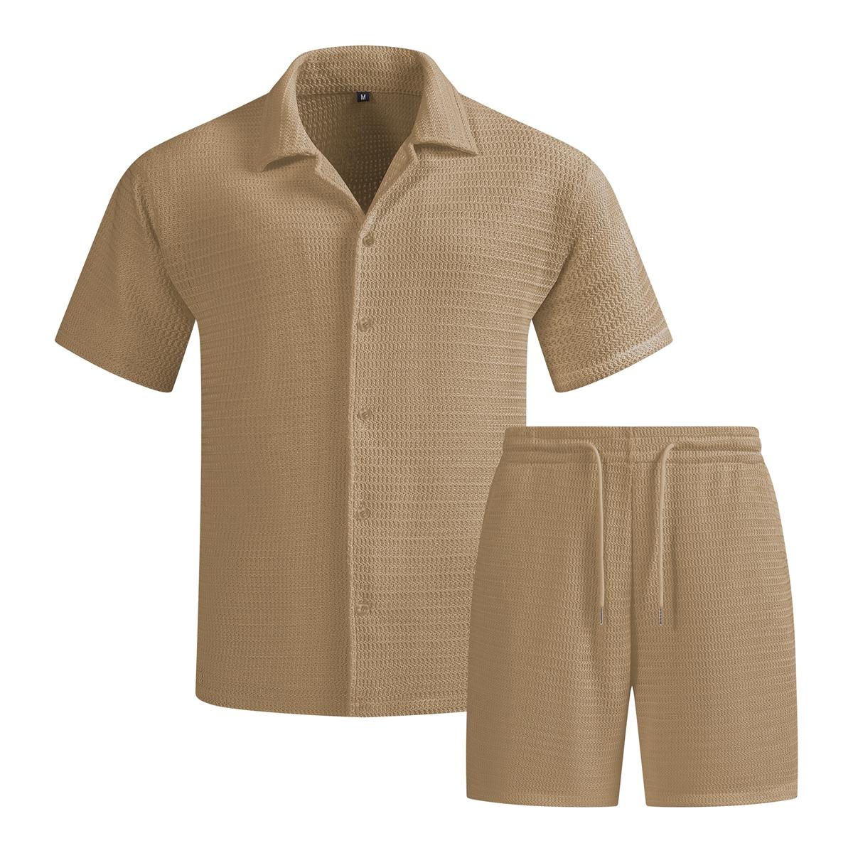 Men's solid color summer vacation set, regular style, paired with textured button down short sleeved shirt and matching drawstring shorts, easily interprets the exquisite coastal style, casual travel, vacation and leisure SpringStatements Clothes Beige
