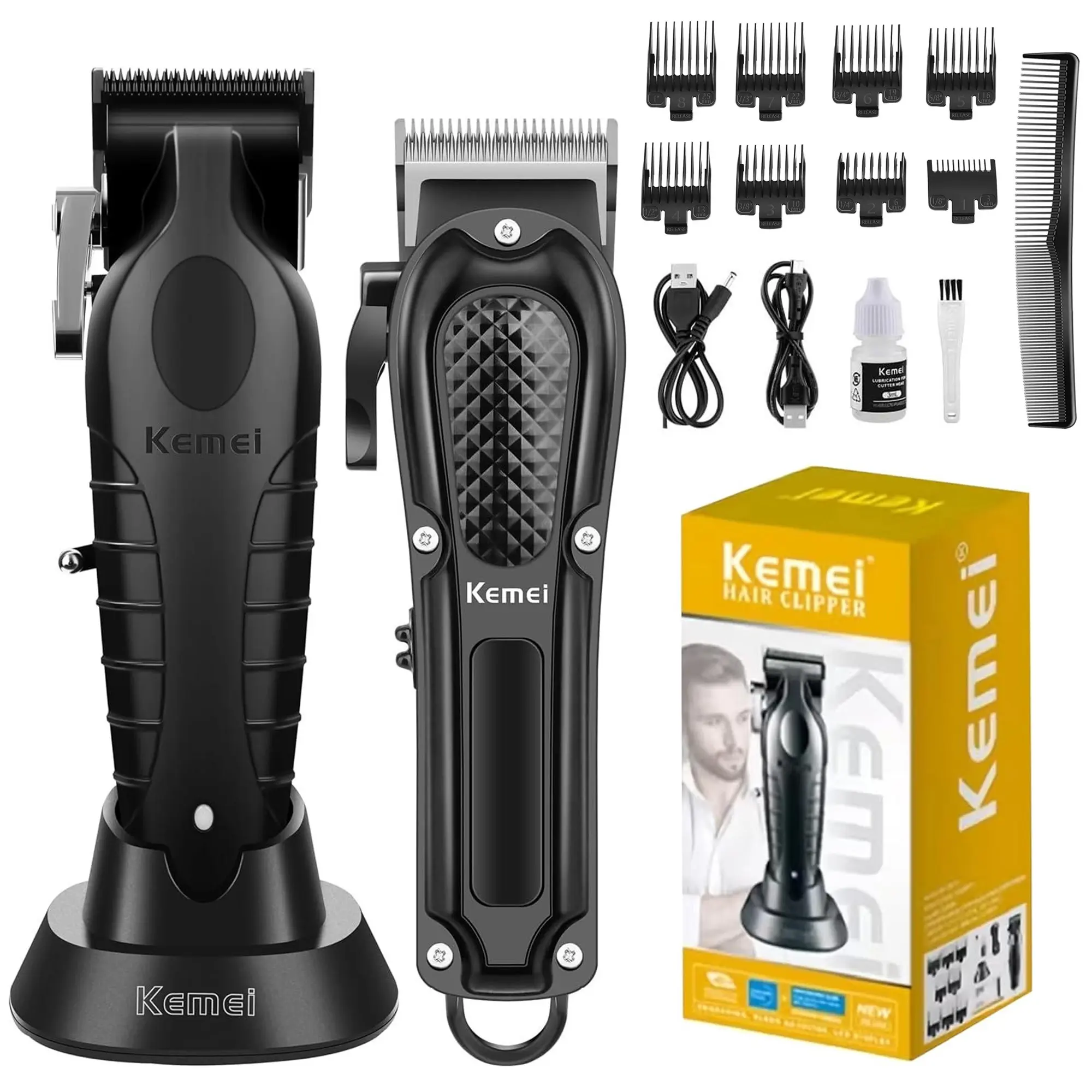 KEMEI 2 IN 1 Clipers Set KEMEI 2296 & KEMEI 1071 Black Hair Clippers for Men with LED Display Cordless Professional 0-Gapped Hair Trimmer & Barber Cutting Kit for Men, Ideal Gift for Men Beard and Hair Grooming