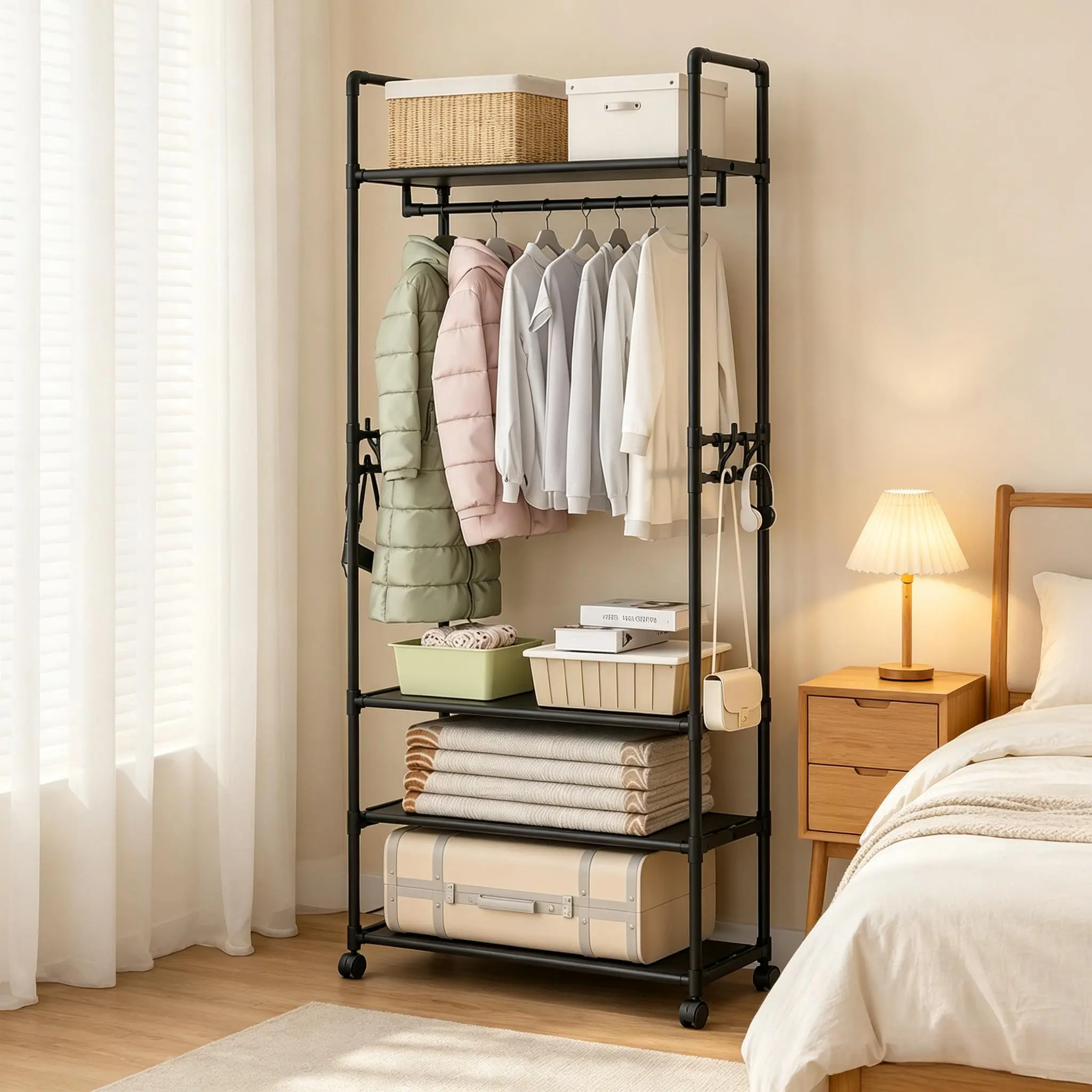 2026 New Freestanding Rolling Garment Rack with Wheels, Multi-Functional Portable Closet Organizer, Heavy Duty Clothing Stand with Top Shelf, Side Hooks & Bottom Shoe Storage Tiers, Space Saving Minimalist Rack for Bedroom Dorm