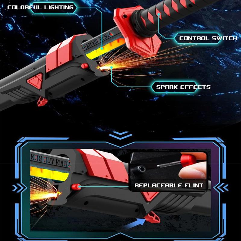 LED Lightsaber Spark Sword, 23" Cyberpunk Neon Blade with Mist, Auto-Eject Sheath, USB-C Rechargeable, Replaceable Flint Spark Feature, Glowing Cosplay Prop for Kids Festivals, Costume Party