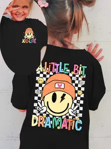 "A Little Bit Dramatic" Kids T-Shirt Smiley Face Checkerboard Graphic Short Sleeve Cotton Tee for Girls Boys