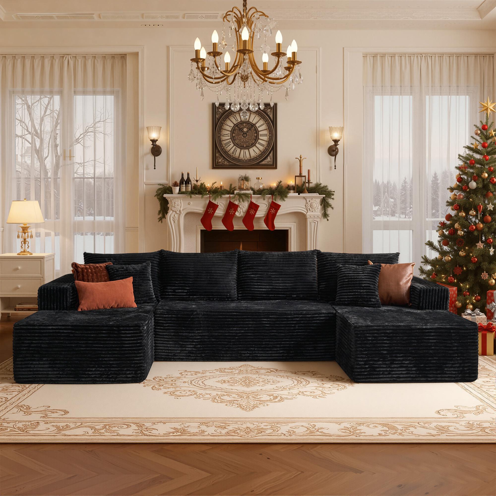 OOSWIFT 135"Oversized U-Shape Cloud Couch Plus Sectional with Chaise - Modern Modular Boneless Sofa Set Includes 6 Soft Pillows & Lounge Chairs, Plush Corduroy Fabric for Living Room & Large Spaces,Christmas gift