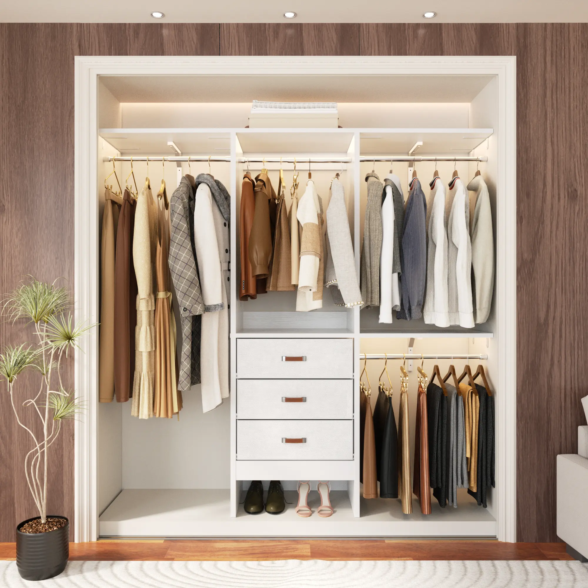 Unikito 5FT Closet Organizer System, 60 Inch Freestanding Wardrobe with 3 Fabric Drawers, Heavy Duty Garment Rack, 3 Adjustable Shelves, Space-Saving Storage for Small Spaces
