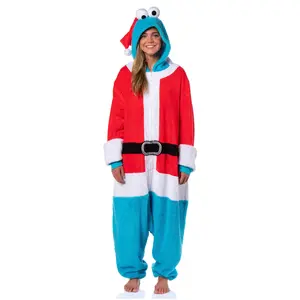 Sesame Street Unisex Santa Cookie Monster Hooded Costume Fleece Pajama Kigurumi Union Suit For Men and Women