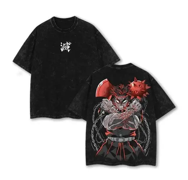 Demon Slayer Kimetsu No Yaiba Gyomei Himejima Graphic T Shirt Acid Wash Oversized Vintage Heavyweight Tee Stone Hashira Gym Pump Cover Anime Streetwear Dark Aesthetic Y2K Grunge Casual Top Men Women Fits