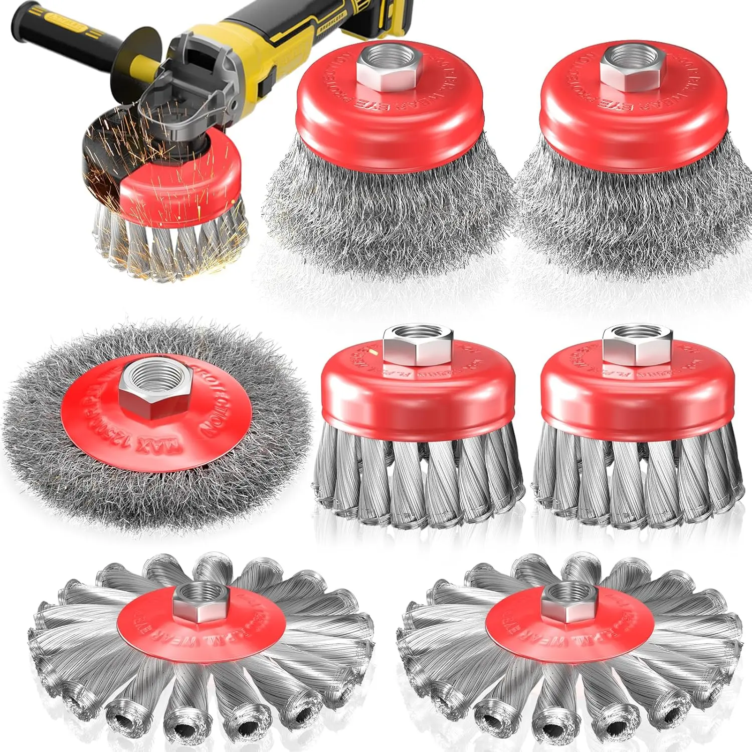 7 Pieces Wire Wheel Brush Set for 4½" Angle Grinder, Carbon Steel Knotted & Crimped Wire Brushes (3" & 4"), 5/8"-11 UNC Threaded Arbor, Heavy Duty Rust Removal Products for Grinding Tasks, Hand & Electric Power Tools