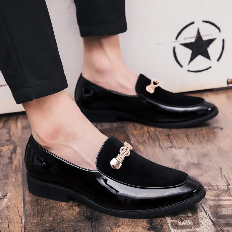 Men's Classic Velvet Patent Loafers, Slip-On Dress Shoes with Gold Buckle, Lightweight Breathable Footwear for Business and Formal Wear, Business Style Loafers, Ankle, Flat, Plain, Round, Men's Shoes, Weddings, Office To Event, Black Loafers
