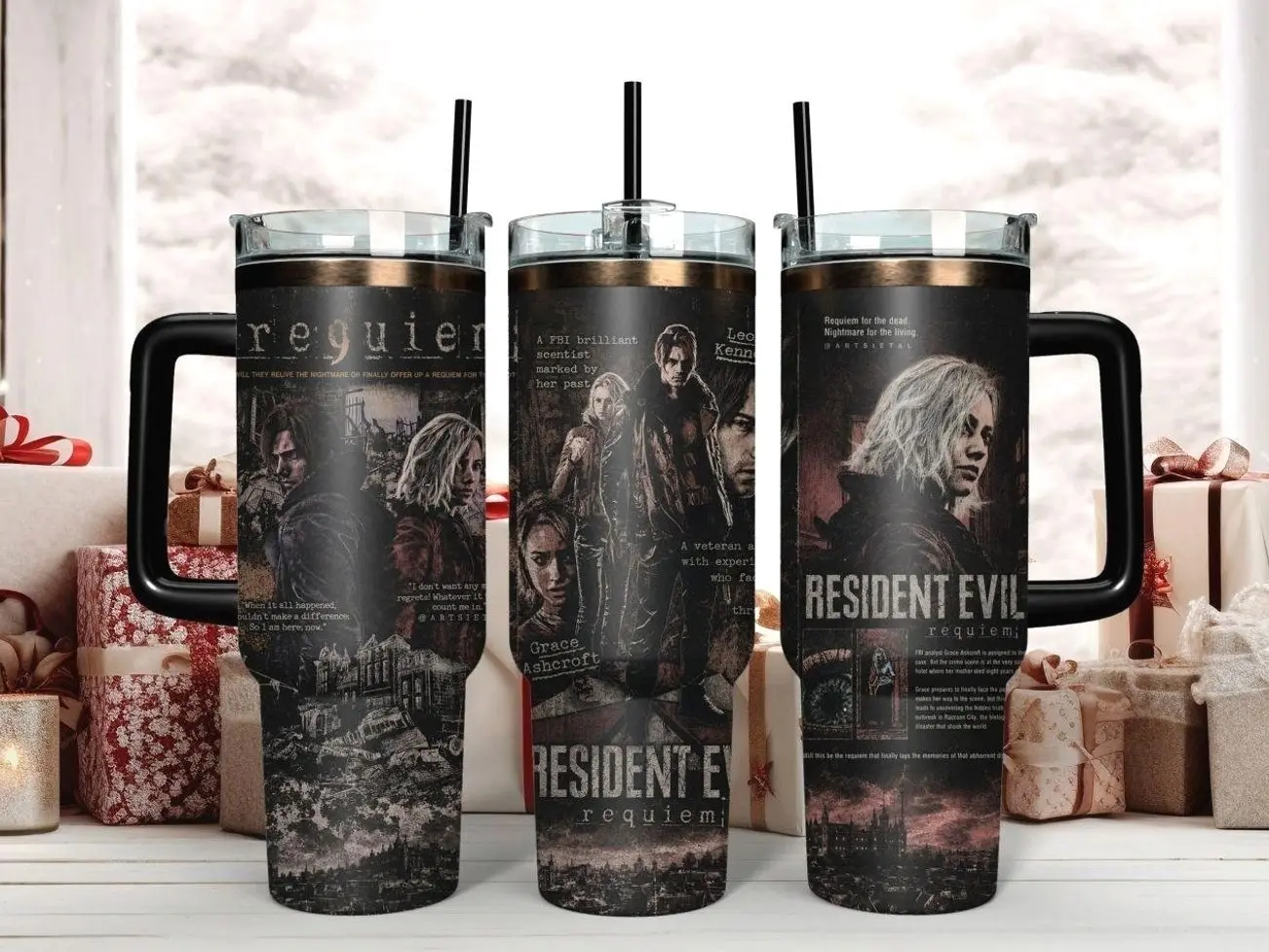Resident Evil 9 Requiem Cinematic Art Tumbler - Leon S. Kennedy & Grace Ashcroft Dark Grunge Design 40oz Insulated Stainless Steel Travel Mug with Handle & Straw - Perfect Gift for Survival Horror Fans