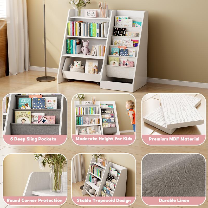 4-Tier Rolling Toy Storage Cabinet for Kids, 5 Layer Sling Toddler kids furniture,Baby Furniture Book Rack,Book and Toy Organizer Cabinet  with Wheels , White.