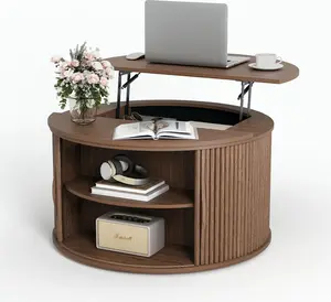31.5" Round Lift Top Coffee Table, Mid Century Modern Walnut Center Table with Hidden Storage, Fluted Drum Wood Table for Small Living Room Apartment