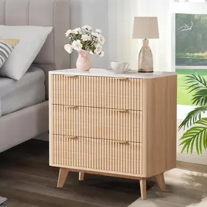 Fluted Nightstand, Modern 3 Drawer Bedside Table with Faux Marble Top, End Table for Bedroom Living Room, Oak