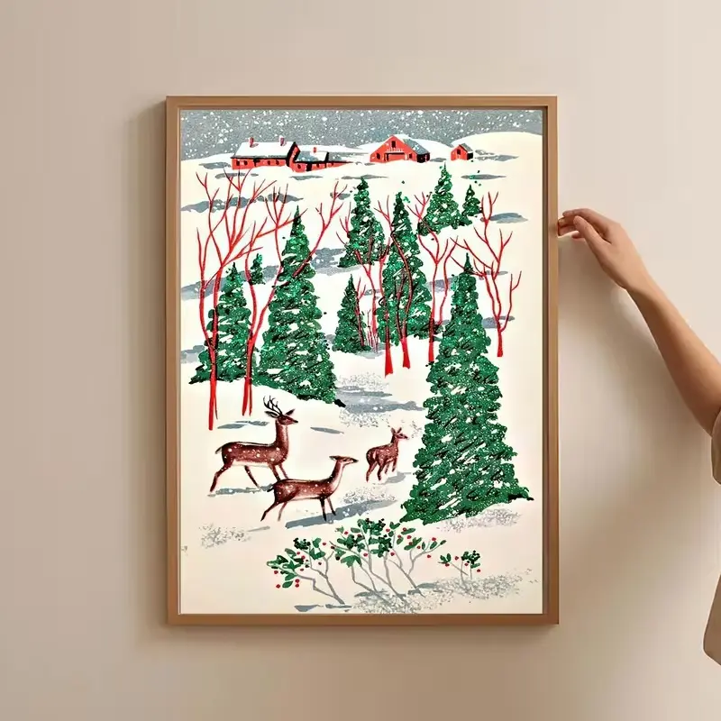 Winter Forest Deer Print Poster, Retro Snow Scene Art Wall Art Vintage Christmas Poster