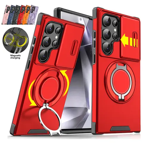 For Samsung Galaxy S26Ultra S25 S24 S23 S22 Magnetic Case with Slide Camera Protector 360° Rotatable Ring Stand Holder Military Grade Shockproof Protective Case Cover
