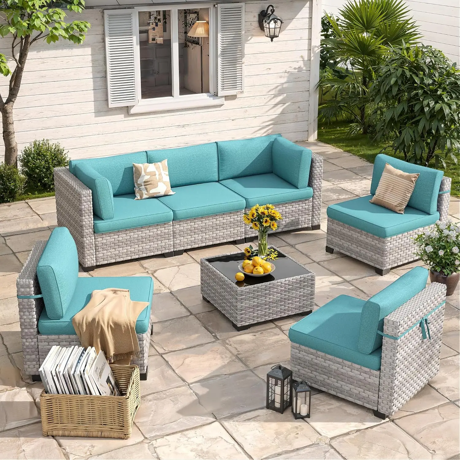 【2 packages delivery】7-Seat Modular Patio Furniture Set – Outdoor Wicker Sectional Sofa with Thick 4″ Cushions, Dual-Strand PE Rattan, Rust-Resistant 18 mm Steel Frame, Backyard Garden Deck Lounge, Patio Furniture Sets, Outdoor Furniture Set, Easy Assembl